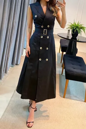 Work Elegant Solid Buttons With Belt V Neck Sleeveless Dress Dresses