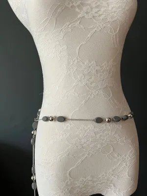 X-Long Belt, Beaded Fashion Belt, Grey Wood Beads, Silver Beads, Handmade, Chain Belts, plus sizes, UK 4-34
