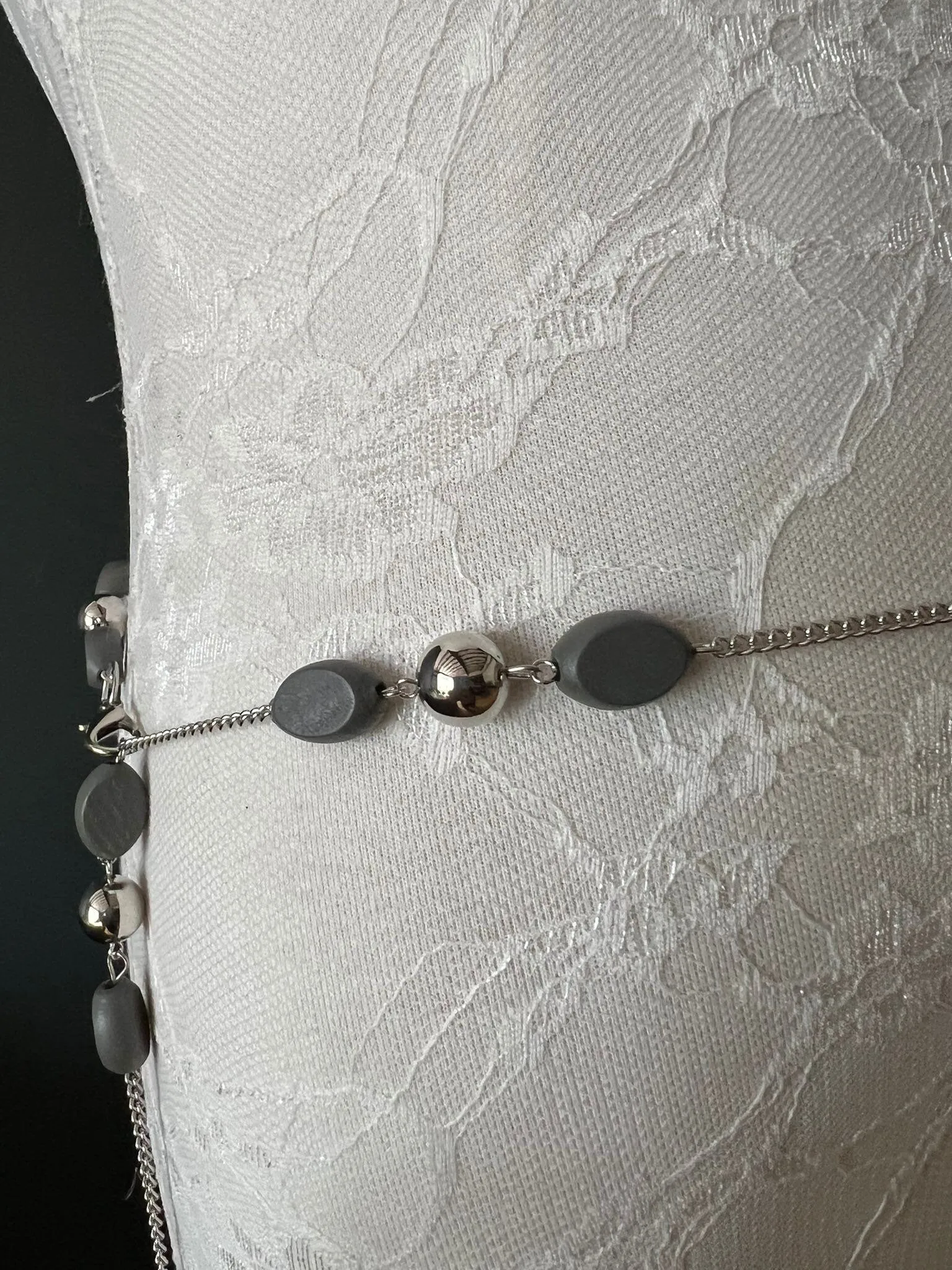 X-Long Belt, Beaded Fashion Belt, Grey Wood Beads, Silver Beads, Handmade, Chain Belts, plus sizes, UK 4-34