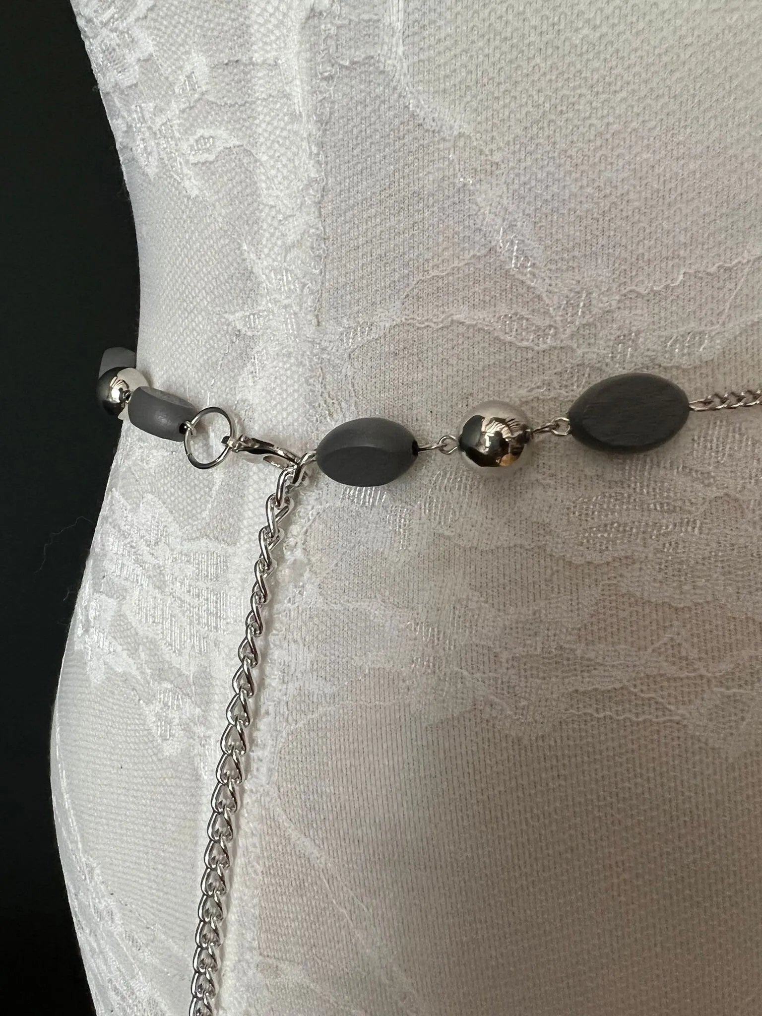 X-Long Belt, Beaded Fashion Belt, Grey Wood Beads, Silver Beads, Handmade, Chain Belts, plus sizes, UK 4-34