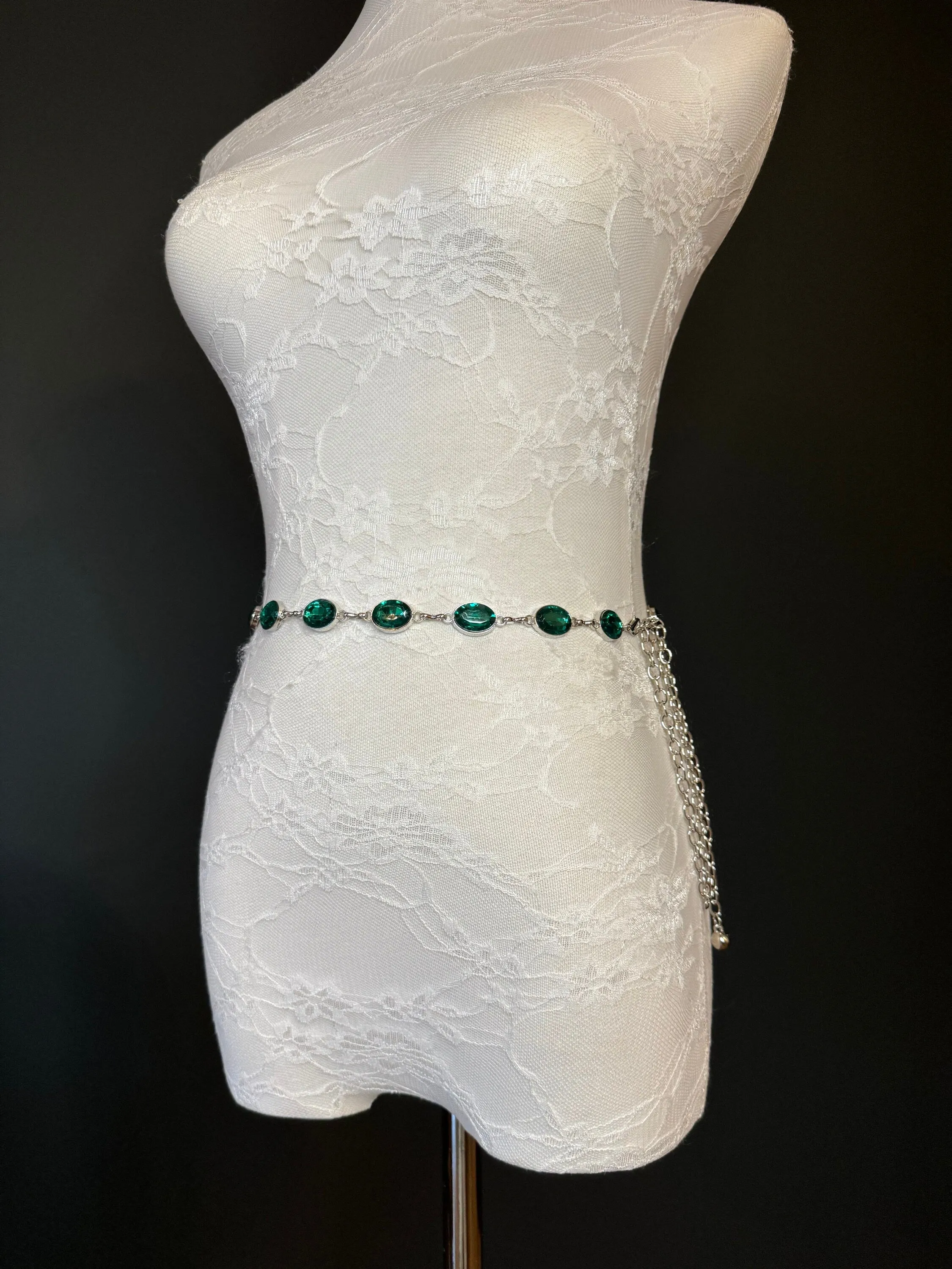 X-Long Belt, Emerald Green Jewel Rhinestone Belt, Silver Chain Belt, Vintage Style Belt, Diamante Belt, Fashion Belt, Elegant, Swimwear Belt