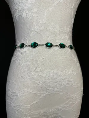 X-Long Belt, Emerald Green Jewel Rhinestone Belt, Silver Chain Belt, Vintage Style Belt, Diamante Belt, Fashion Belt, Elegant, Swimwear Belt