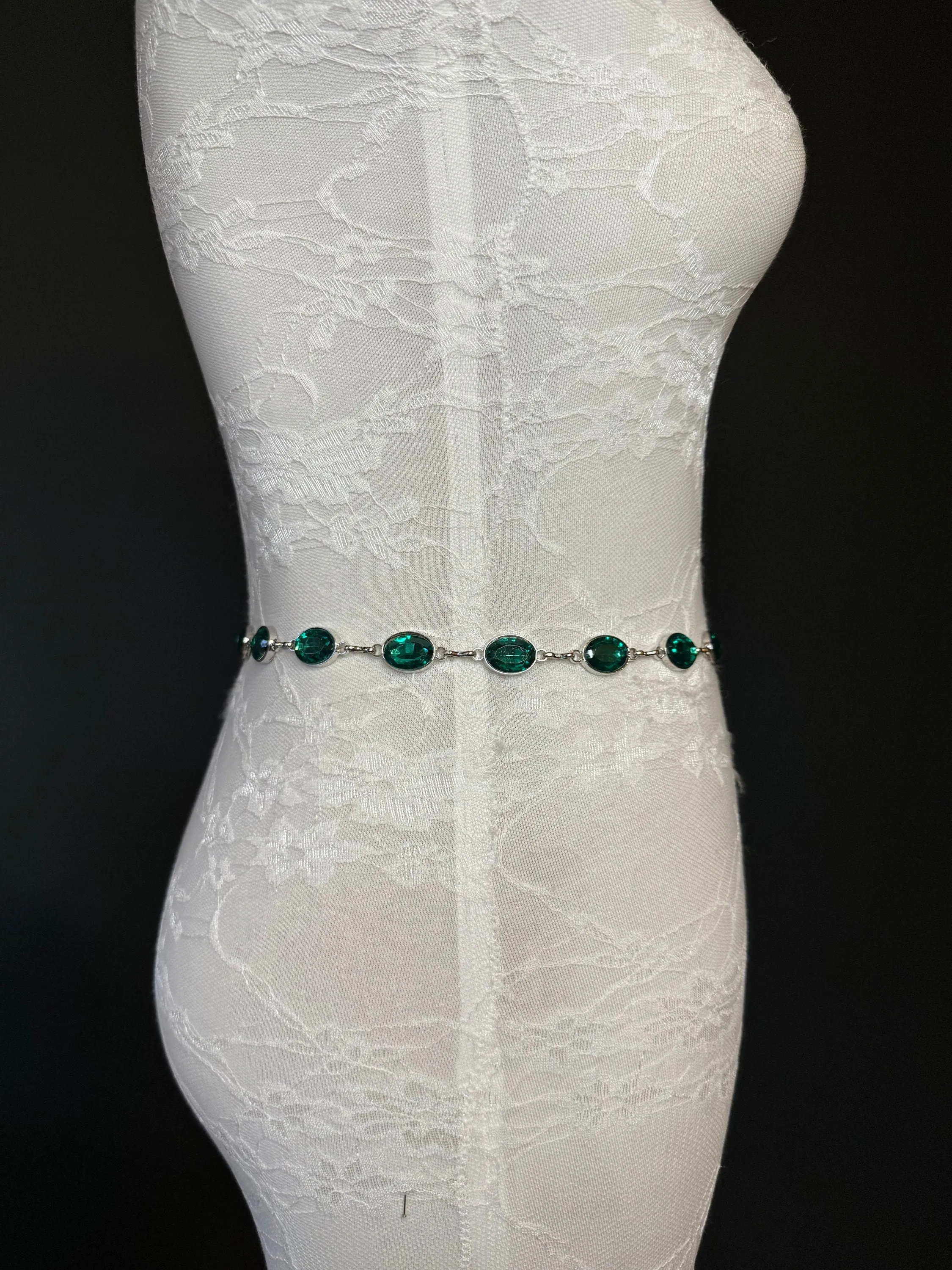 X-Long Belt, Emerald Green Jewel Rhinestone Belt, Silver Chain Belt, Vintage Style Belt, Diamante Belt, Fashion Belt, Elegant, Swimwear Belt