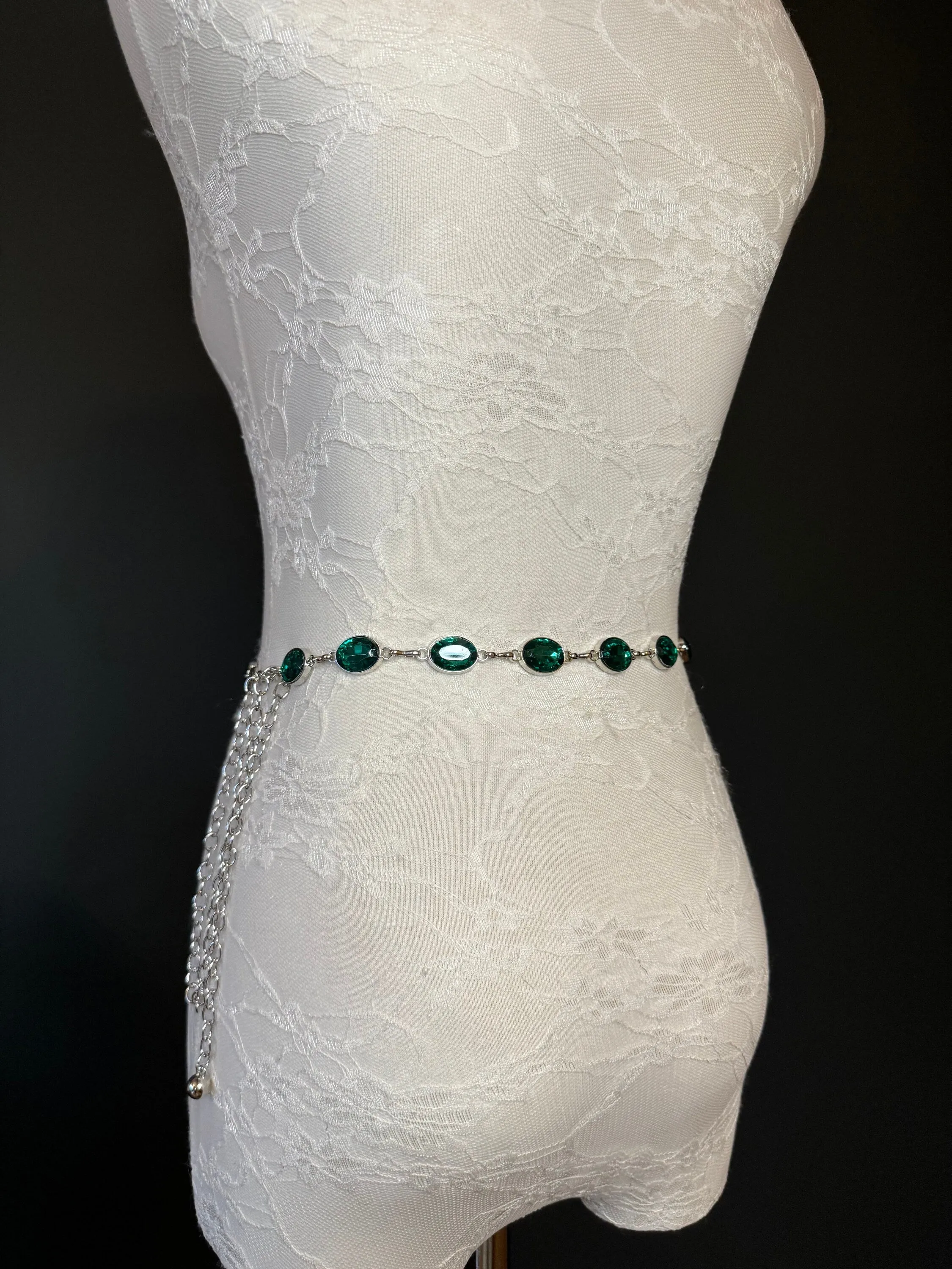 X-Long Belt, Emerald Green Jewel Rhinestone Belt, Silver Chain Belt, Vintage Style Belt, Diamante Belt, Fashion Belt, Elegant, Swimwear Belt
