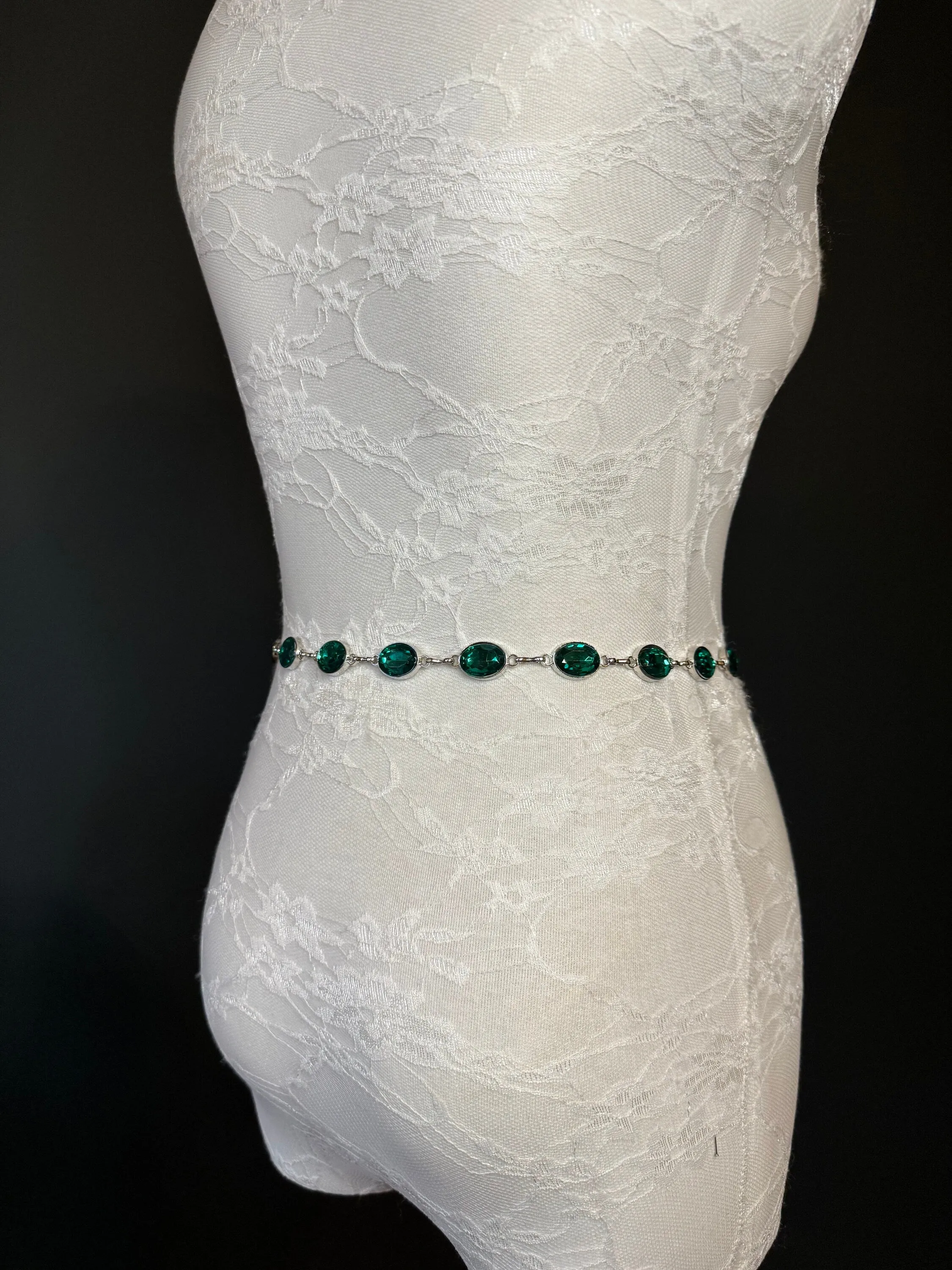 X-Long Belt, Emerald Green Jewel Rhinestone Belt, Silver Chain Belt, Vintage Style Belt, Diamante Belt, Fashion Belt, Elegant, Swimwear Belt
