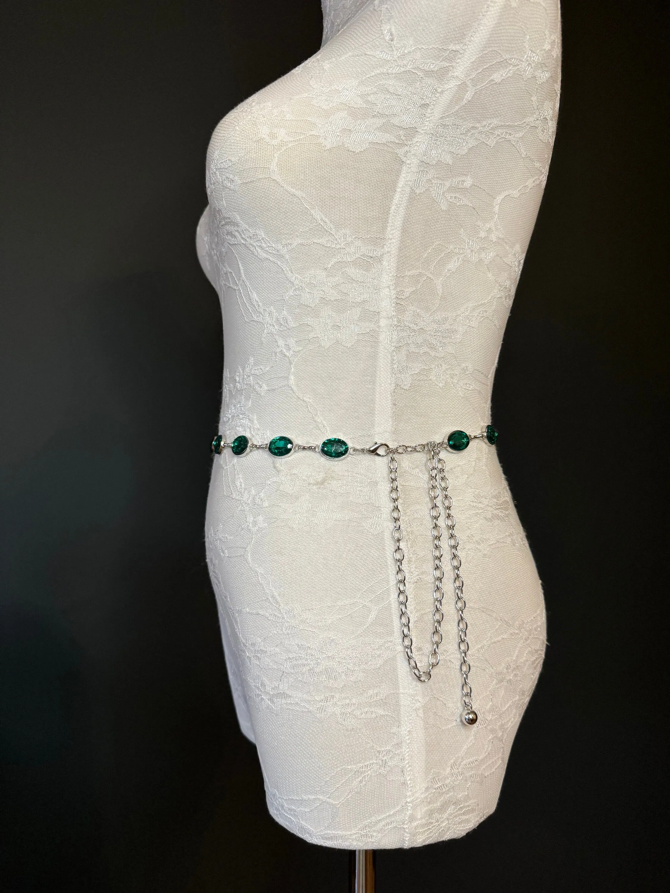 X-Long Belt, Emerald Green Jewel Rhinestone Belt, Silver Chain Belt, Vintage Style Belt, Diamante Belt, Fashion Belt, Elegant, Swimwear Belt
