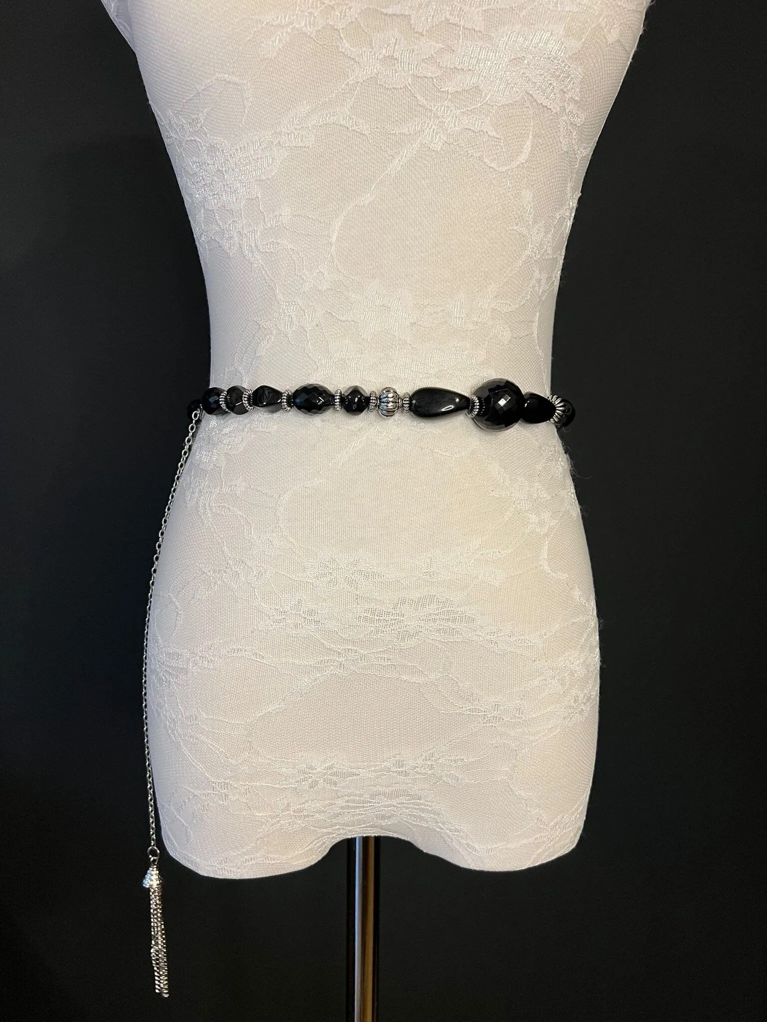 X-long Chain Belt, Beaded Belt, Black Beads, Silver Beads, Fashionable Belt