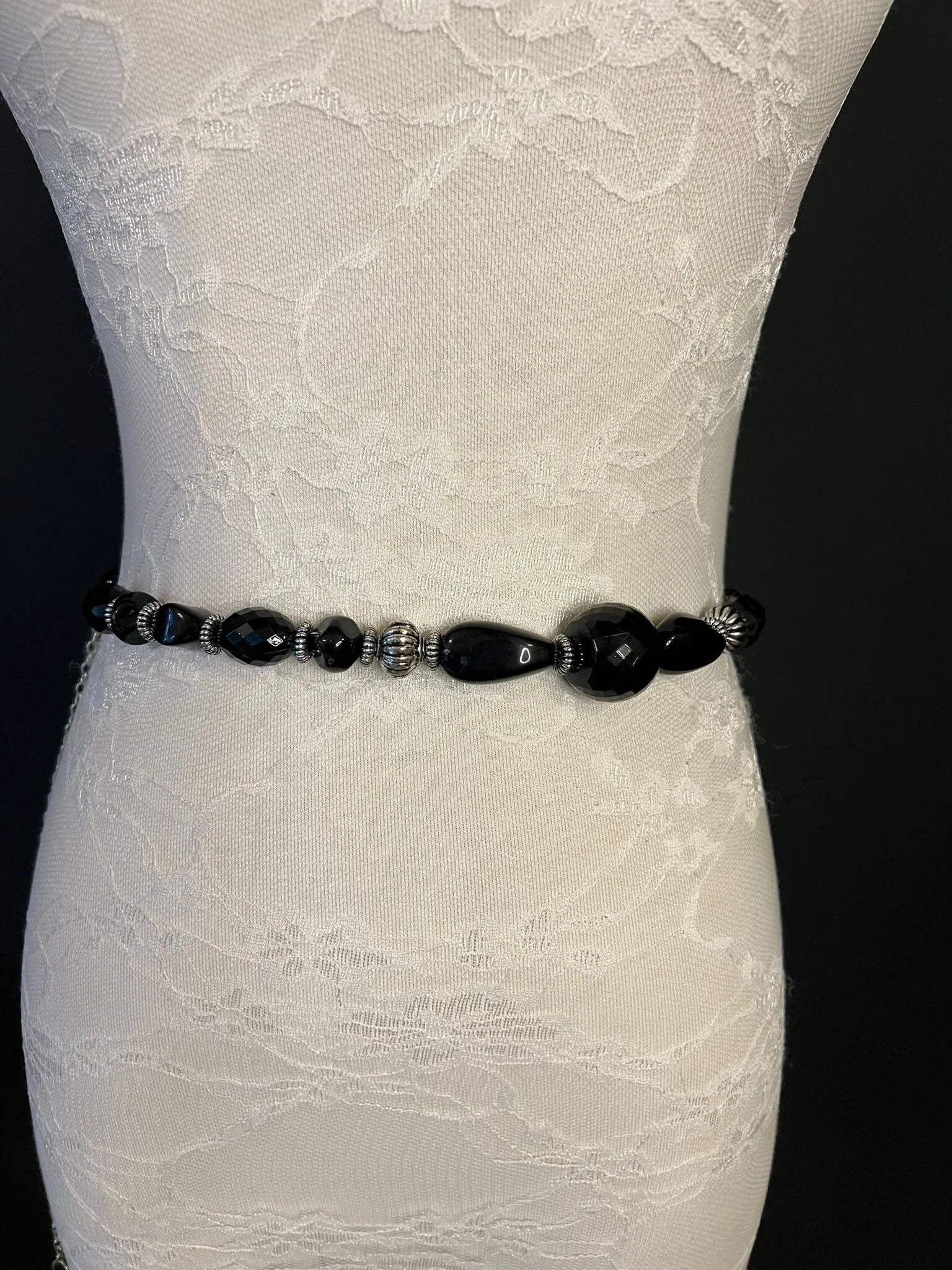 X-long Chain Belt, Beaded Belt, Black Beads, Silver Beads, Fashionable Belt