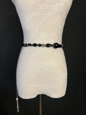 X-long Chain Belt, Beaded Belt, Black Beads, Silver Beads, Fashionable Belt
