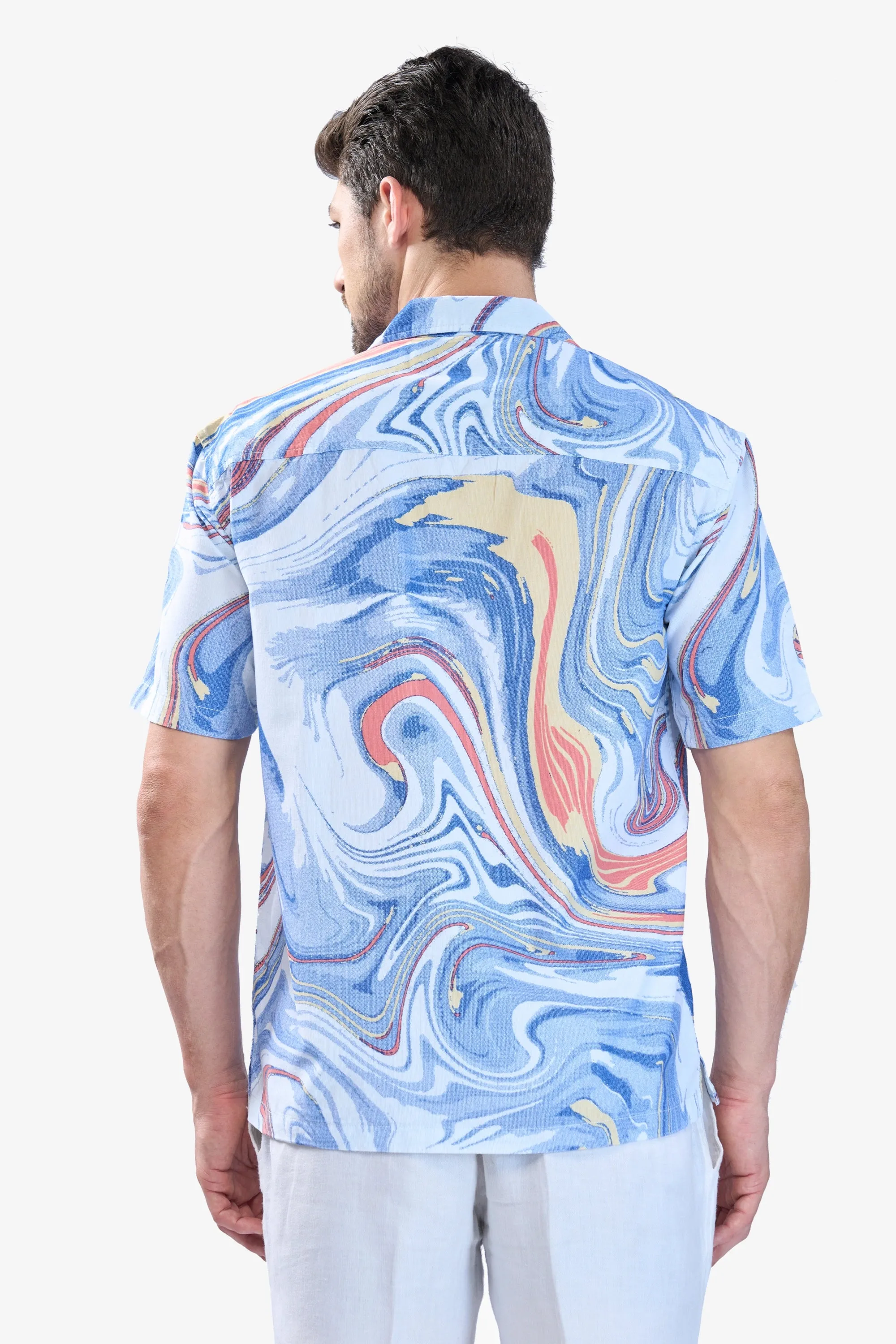 XKIND BLUE FINE CORD DROP SHOULDER PRINTED RELAXED FIT SHIRT