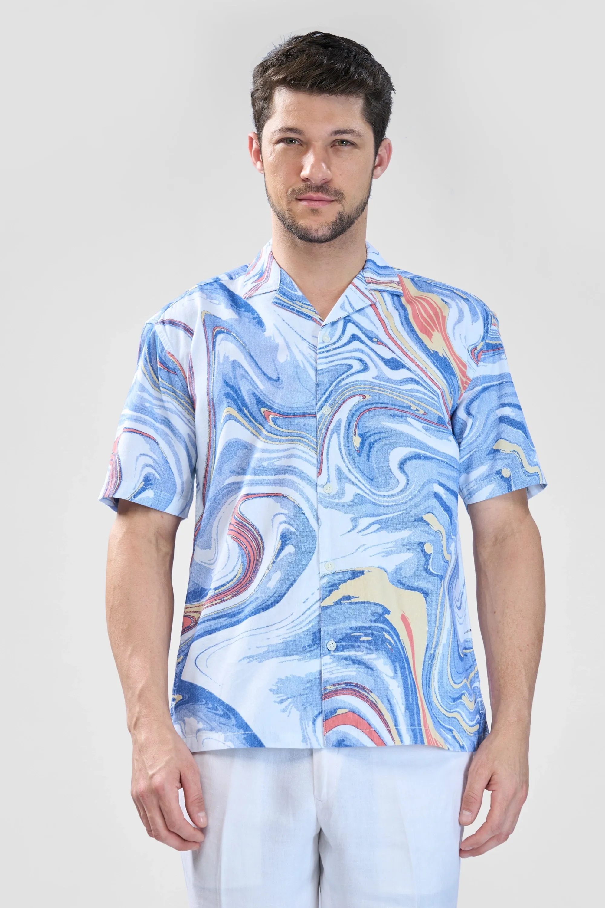 XKIND BLUE FINE CORD DROP SHOULDER PRINTED RELAXED FIT SHIRT