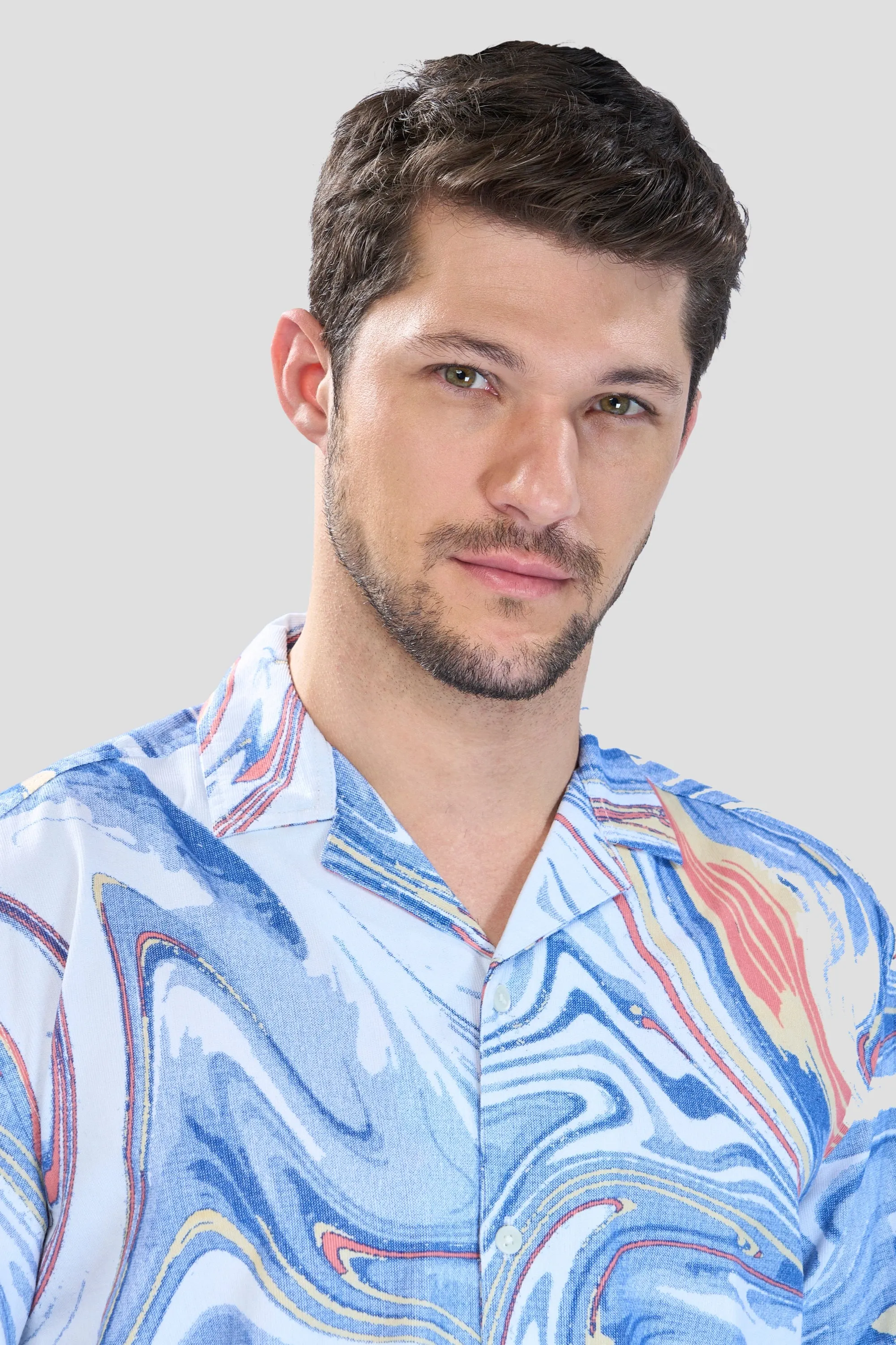 XKIND BLUE FINE CORD DROP SHOULDER PRINTED RELAXED FIT SHIRT