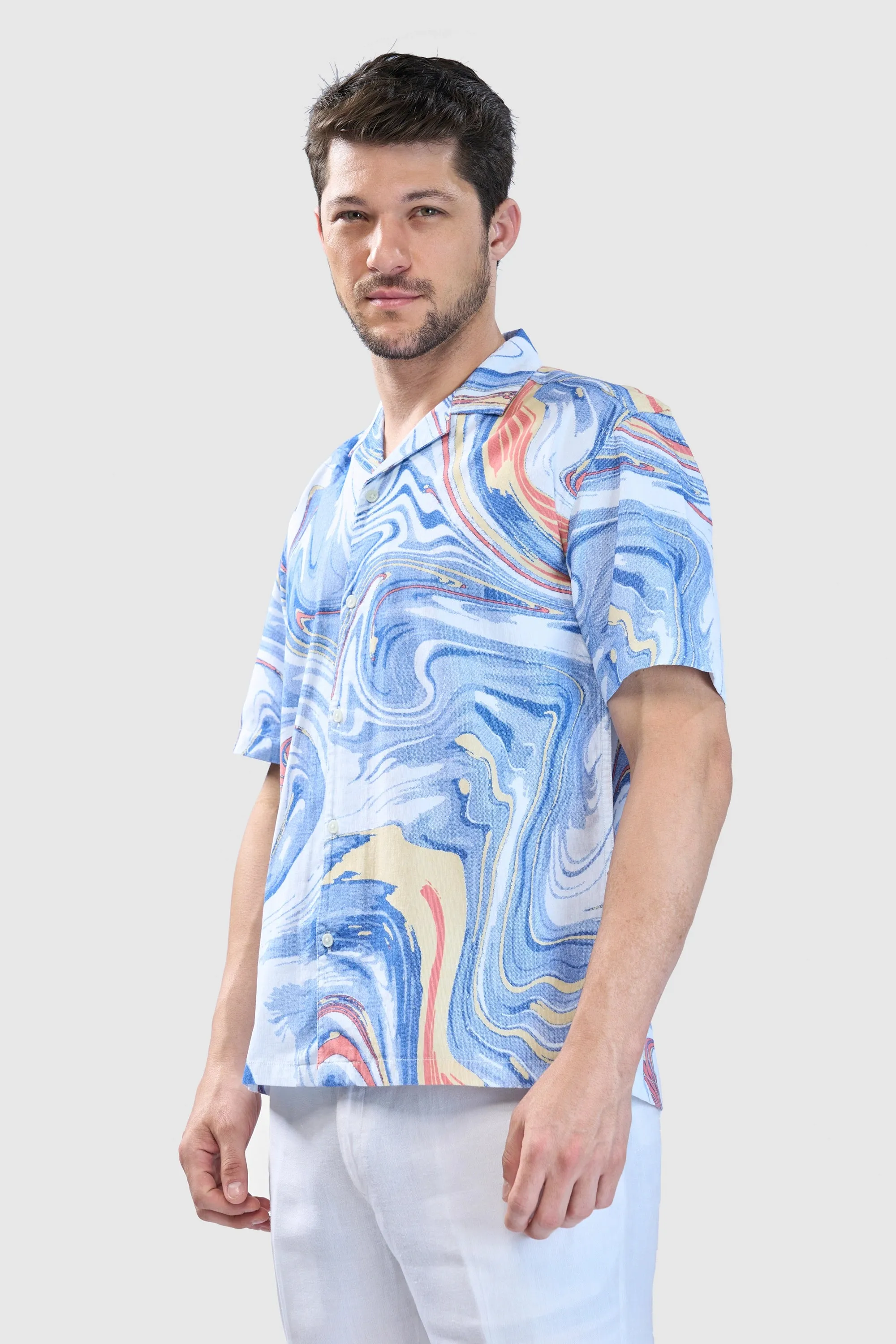 XKIND BLUE FINE CORD DROP SHOULDER PRINTED RELAXED FIT SHIRT