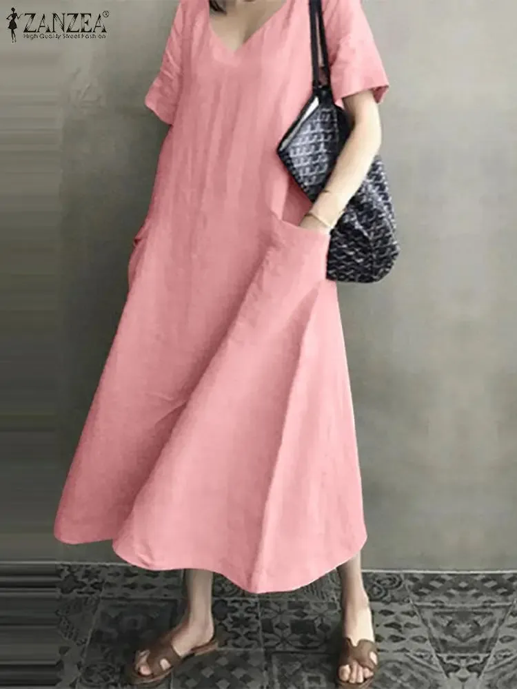 ZANZEA Casual Cotton Linen Maxi Dress with Pockets