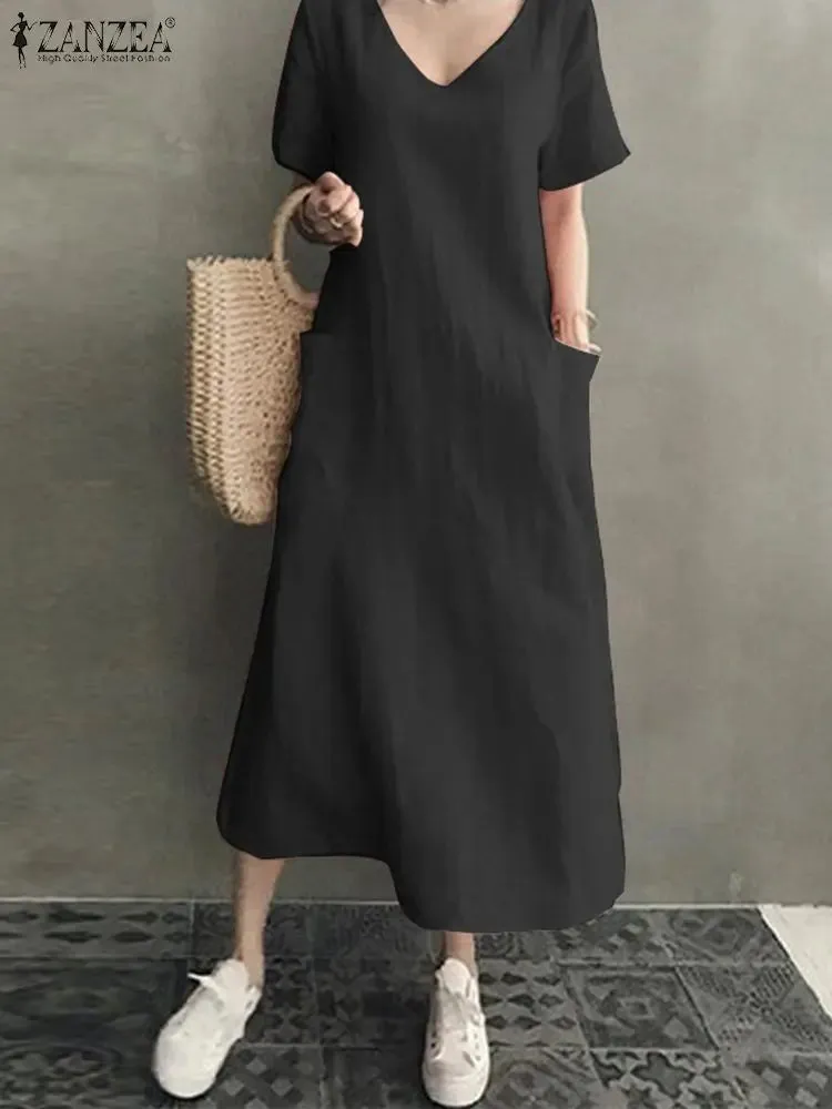 ZANZEA Casual Cotton Linen Maxi Dress with Pockets