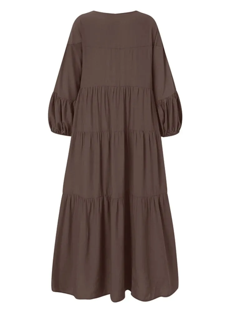 ZANZEA Vintage Ruffle Puff Sleeve Maxi Dress