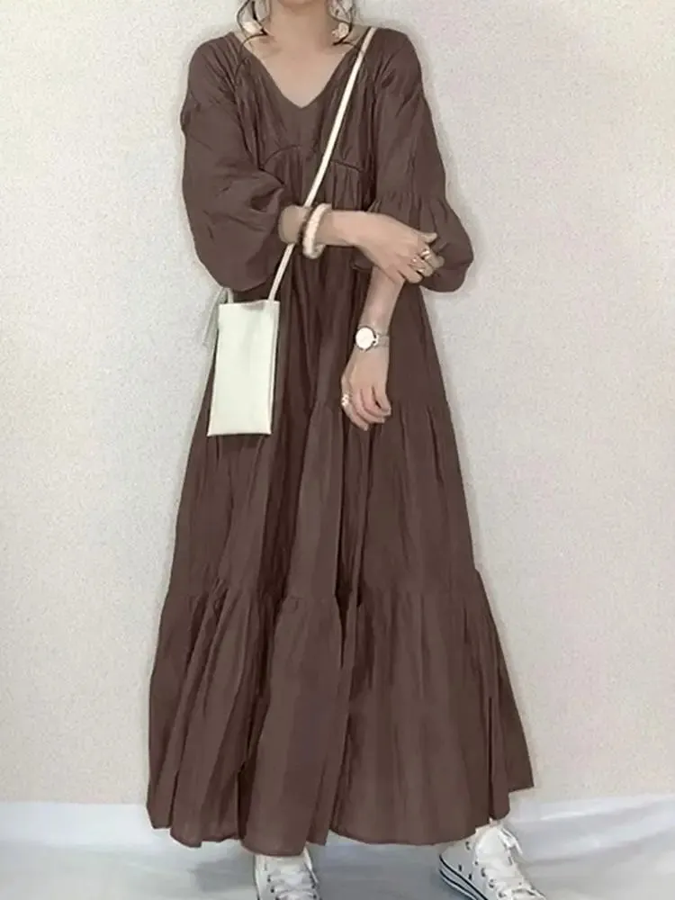 ZANZEA Vintage Ruffle Puff Sleeve Maxi Dress