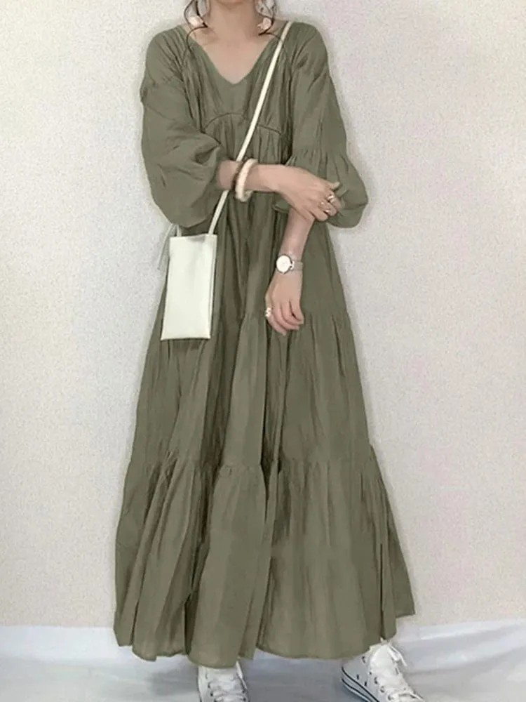 ZANZEA Vintage Ruffle Puff Sleeve Maxi Dress