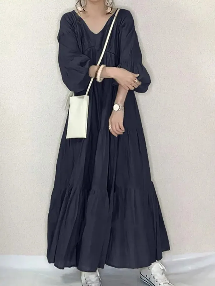 ZANZEA Vintage Ruffle Puff Sleeve Maxi Dress
