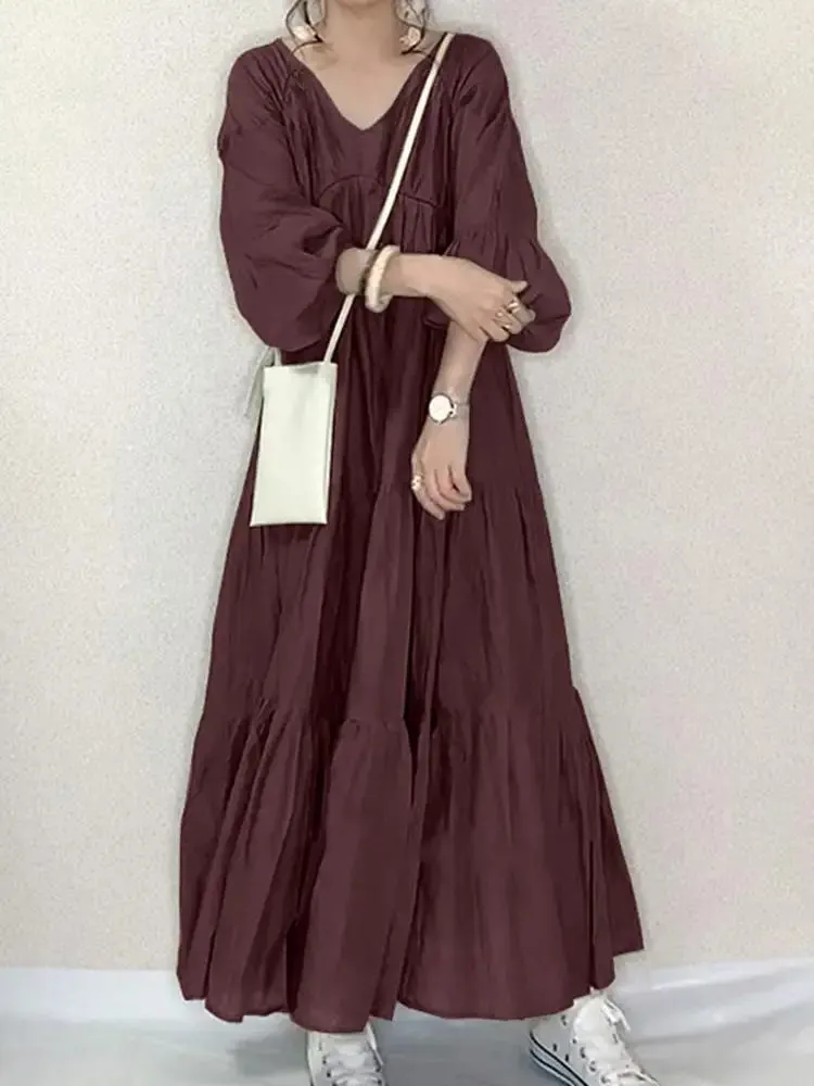 ZANZEA Vintage Ruffle Puff Sleeve Maxi Dress