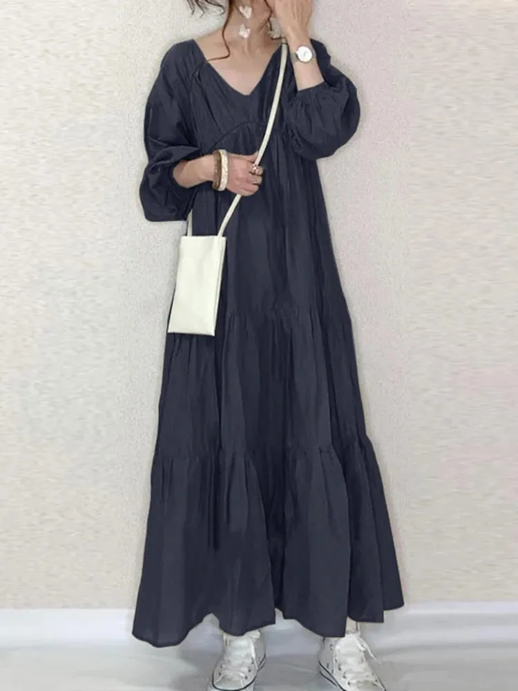 ZANZEA Vintage Ruffle Puff Sleeve Maxi Dress