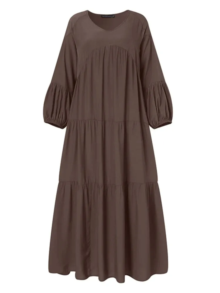 ZANZEA Vintage Ruffle Puff Sleeve Maxi Dress
