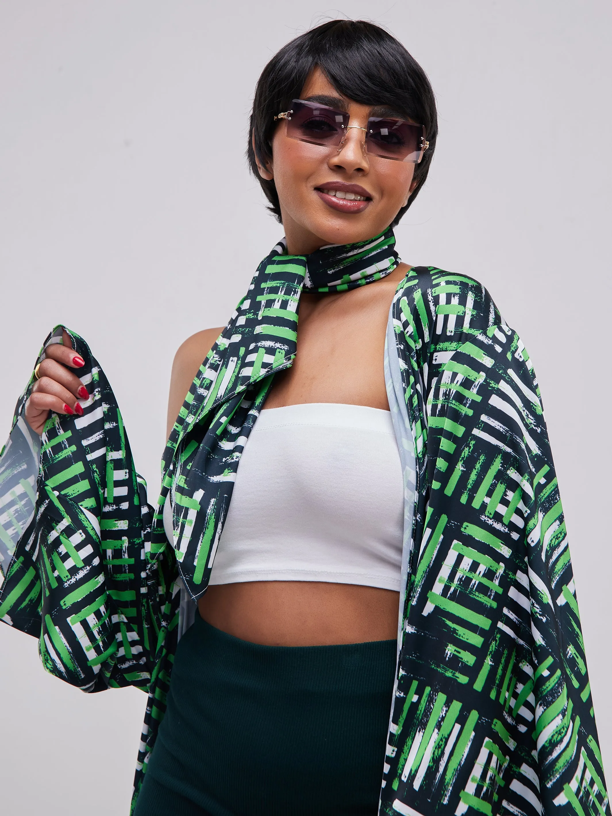 Zoya Essentials Satin Scarf - Green Abstract