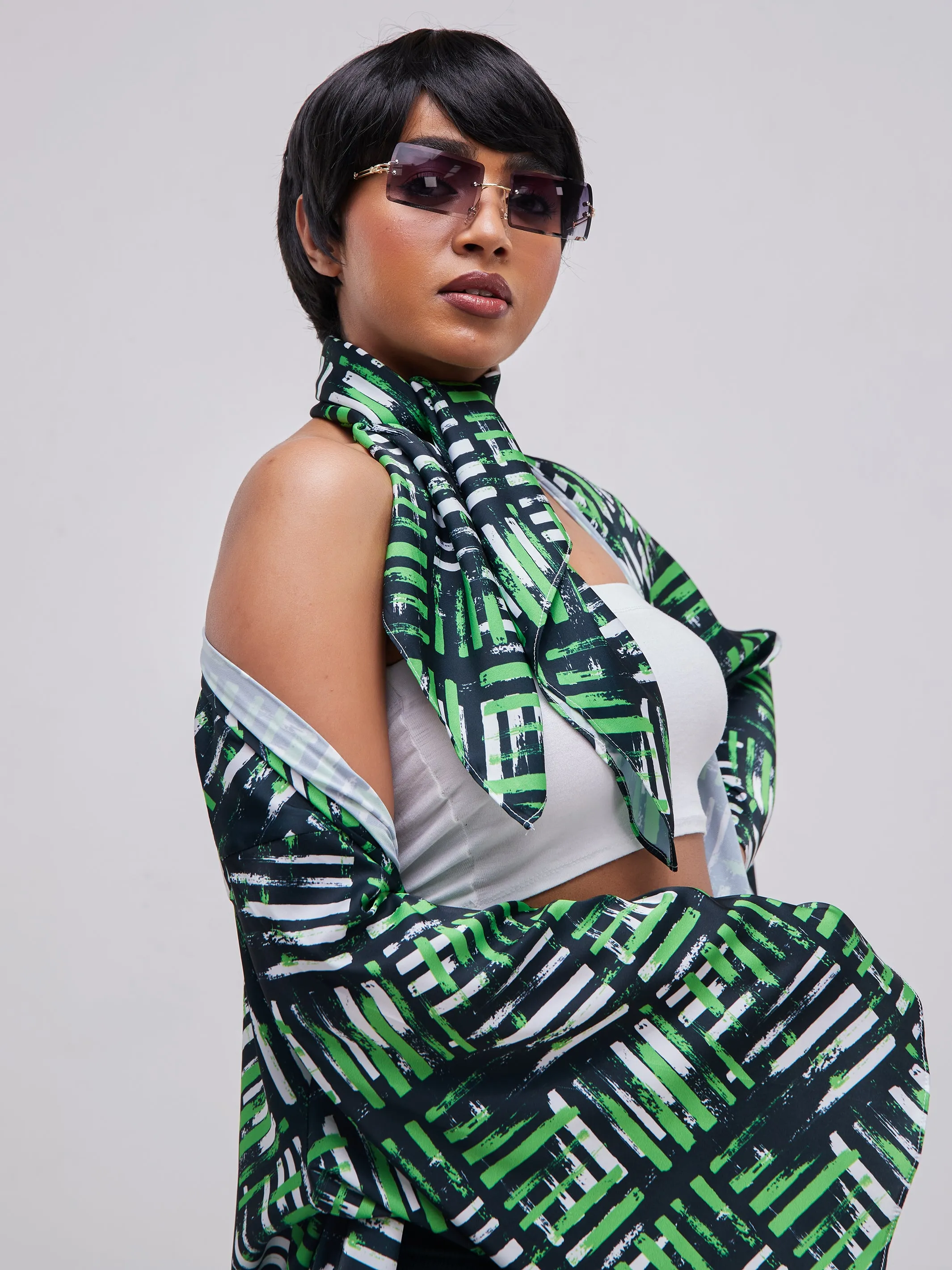Zoya Essentials Satin Scarf - Green Abstract